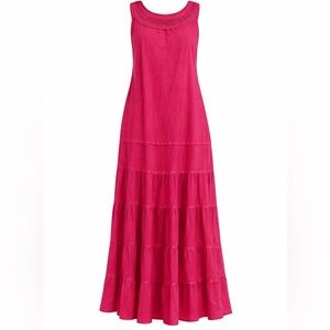 Jones Wear Pink 100% Cotton Tiered Maxi Dress Crochet Neck Size 10